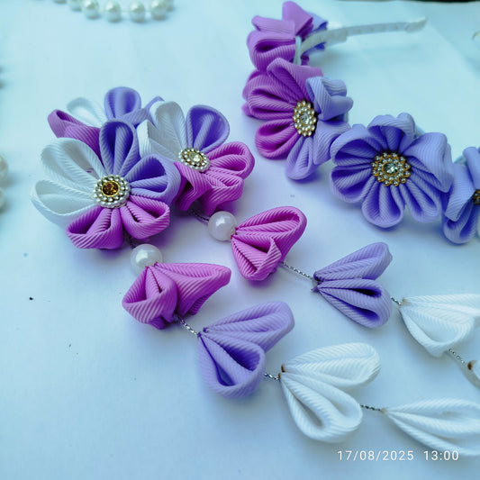 Mom and baby matching purple floral hair clip and hair band set