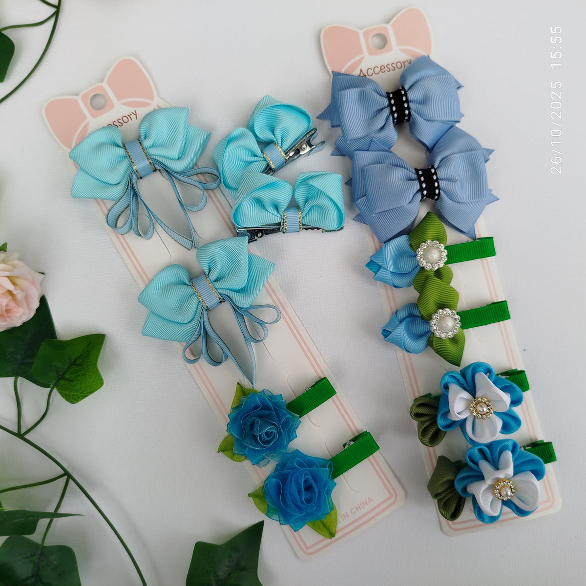 Handmade Kids Hair Clips Set of 12 – Ribbon Flower & Bow, Alligator Clips