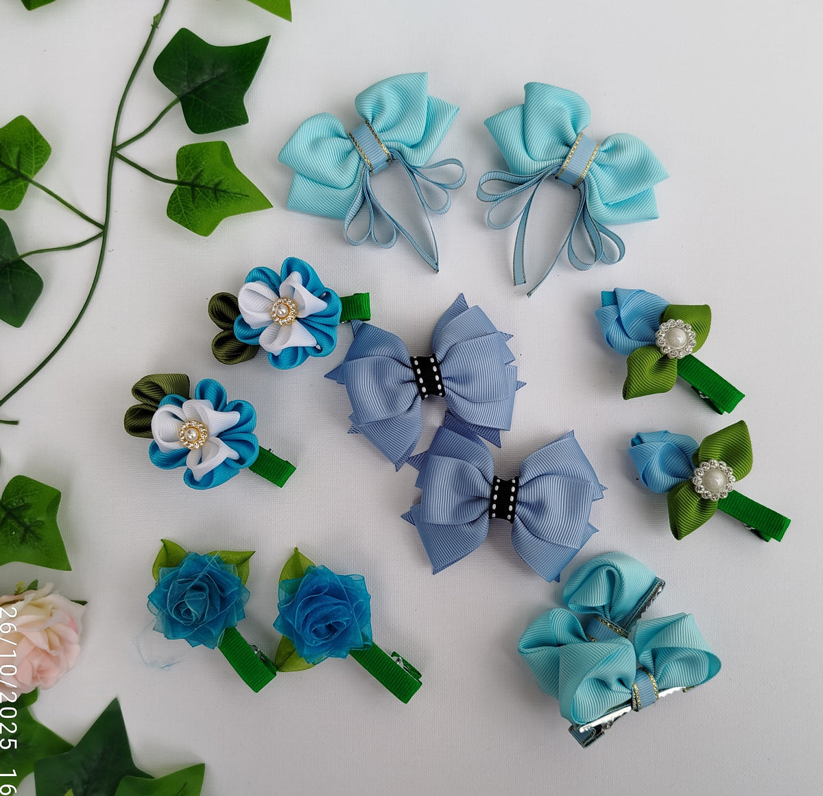 Handmade Kids Hair Clips Set of 12 – Ribbon Flower & Bow, Alligator Clips