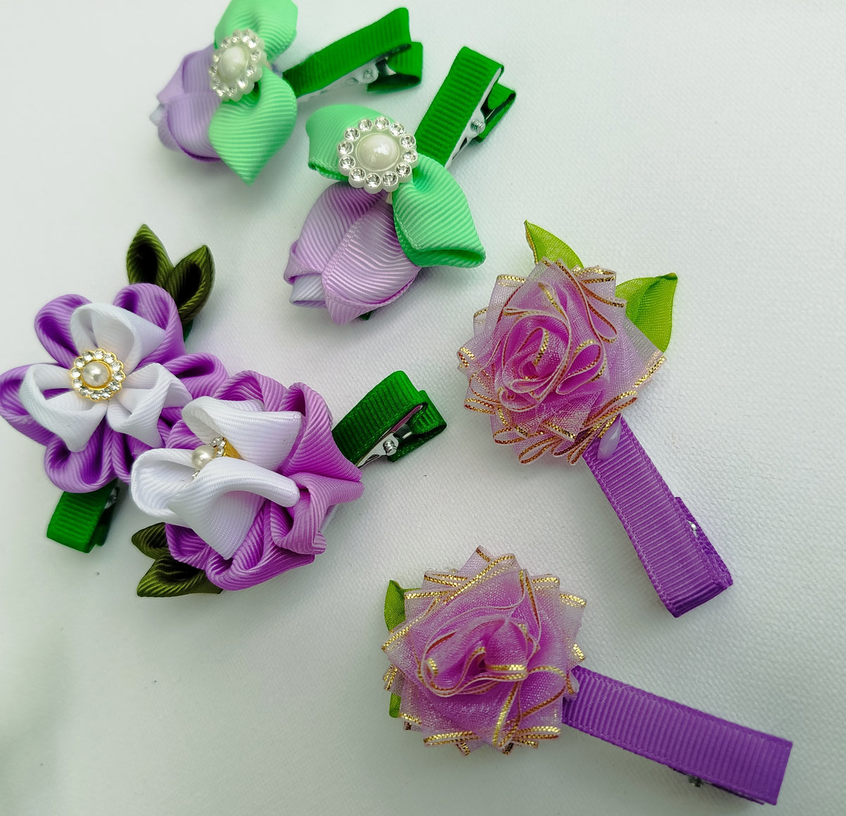 Handmade Purple Kids Hair Clips Set of 12 – Ribbon Flower & Bow Kanzashi Style Hair Bows, Alligator Clips
