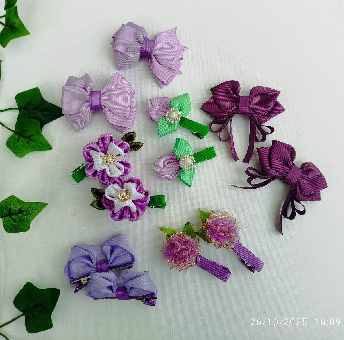 Handmade Purple Kids Hair Clips Set of 12 – Ribbon Flower & Bow Kanzashi Style Hair Bows, Alligator Clips