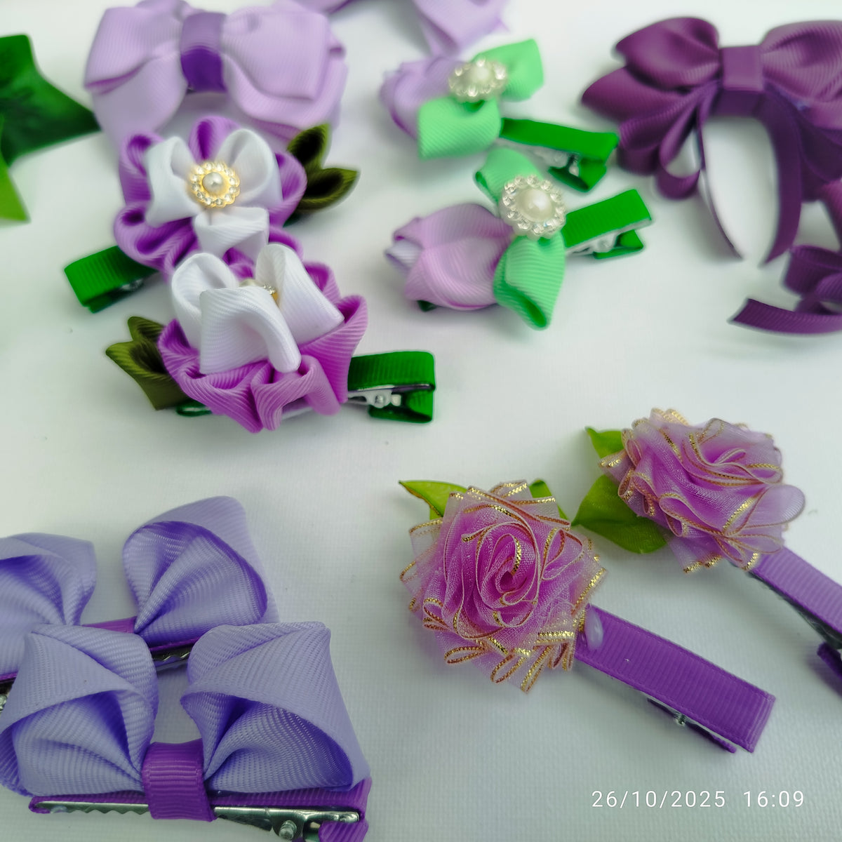 Handmade Purple Kids Hair Clips Set of 12 – Ribbon Flower & Bow Kanzashi Style Hair Bows, Alligator Clips