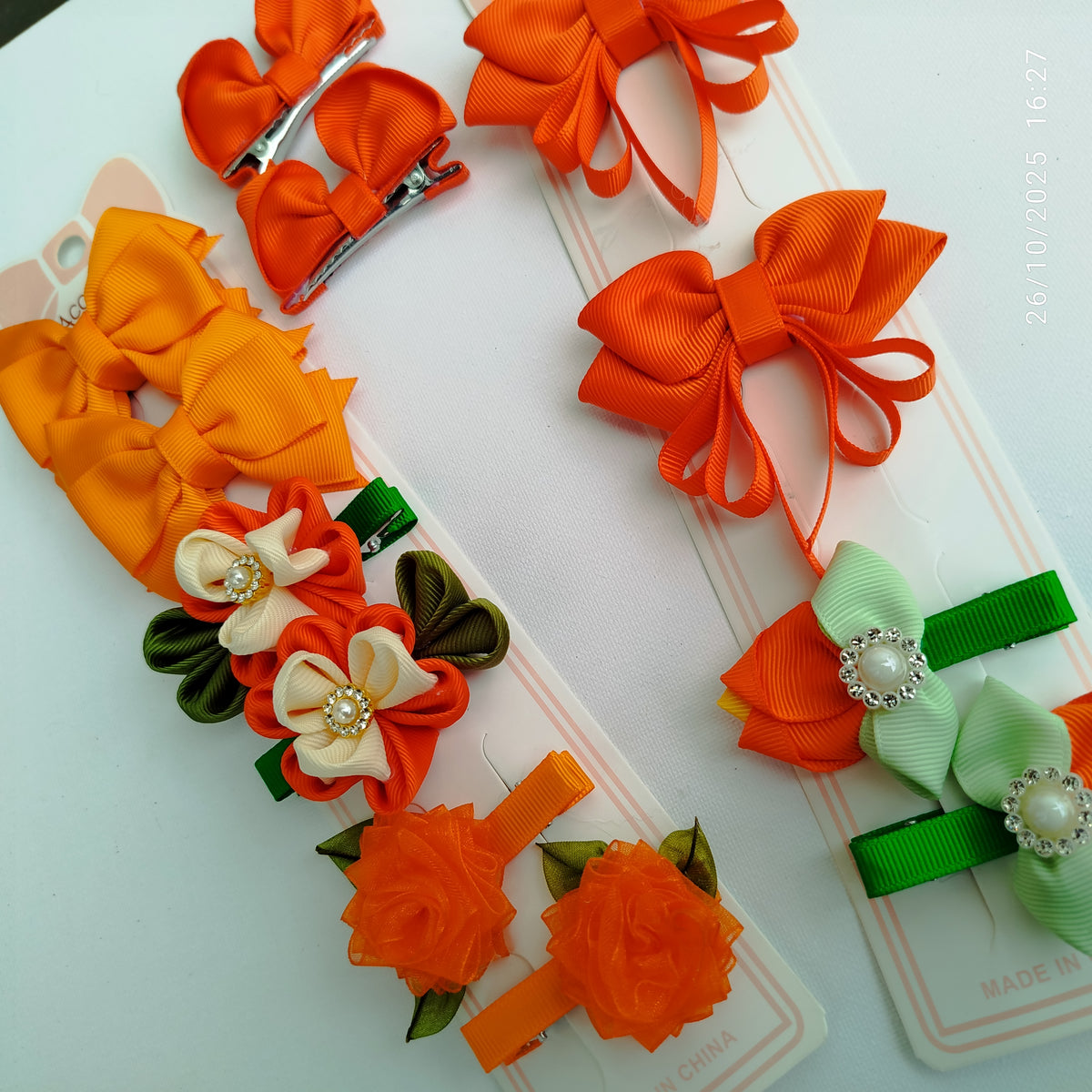 Handmade Orange Kids Hair Clips Set of 12 – Ribbon Flower & Bow Kanzashi Style Hair Bows, Alligator Clips