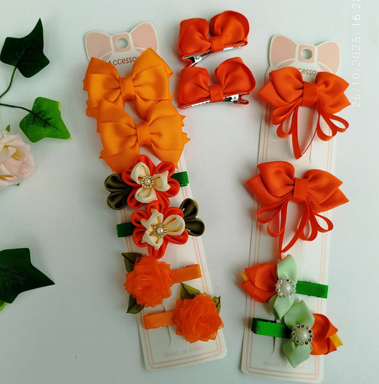 Handmade Orange Kids Hair Clips Set of 12 – Ribbon Flower & Bow Kanzashi Style Hair Bows, Alligator Clips