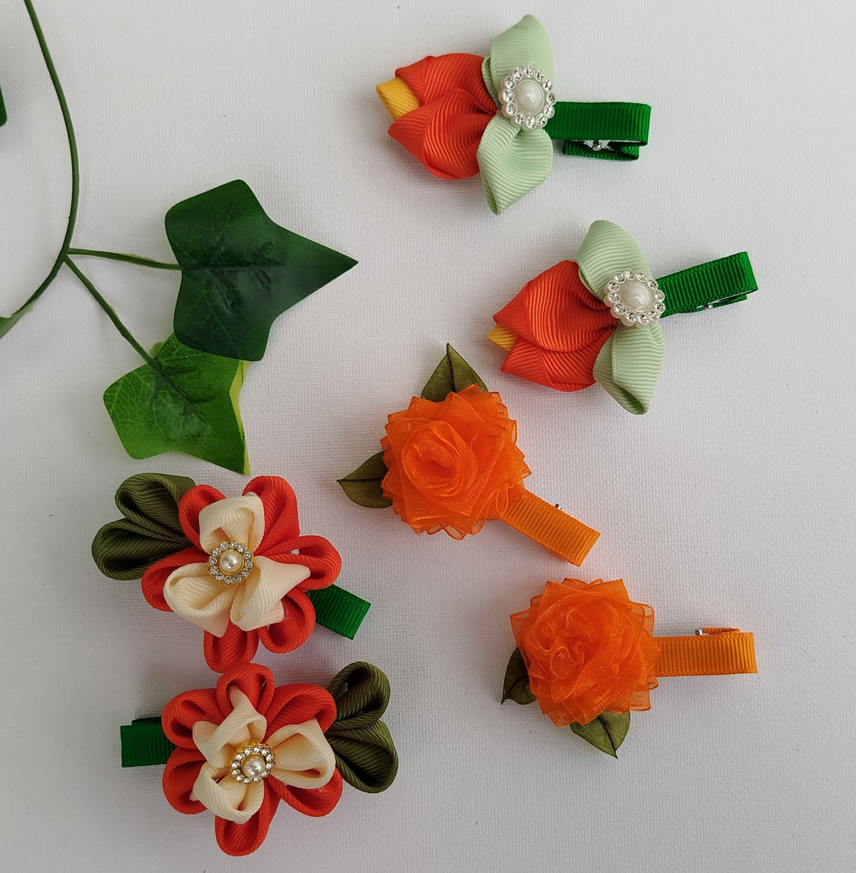 Handmade Orange Kids Hair Clips Set of 12 – Ribbon Flower & Bow Kanzashi Style Hair Bows, Alligator Clips