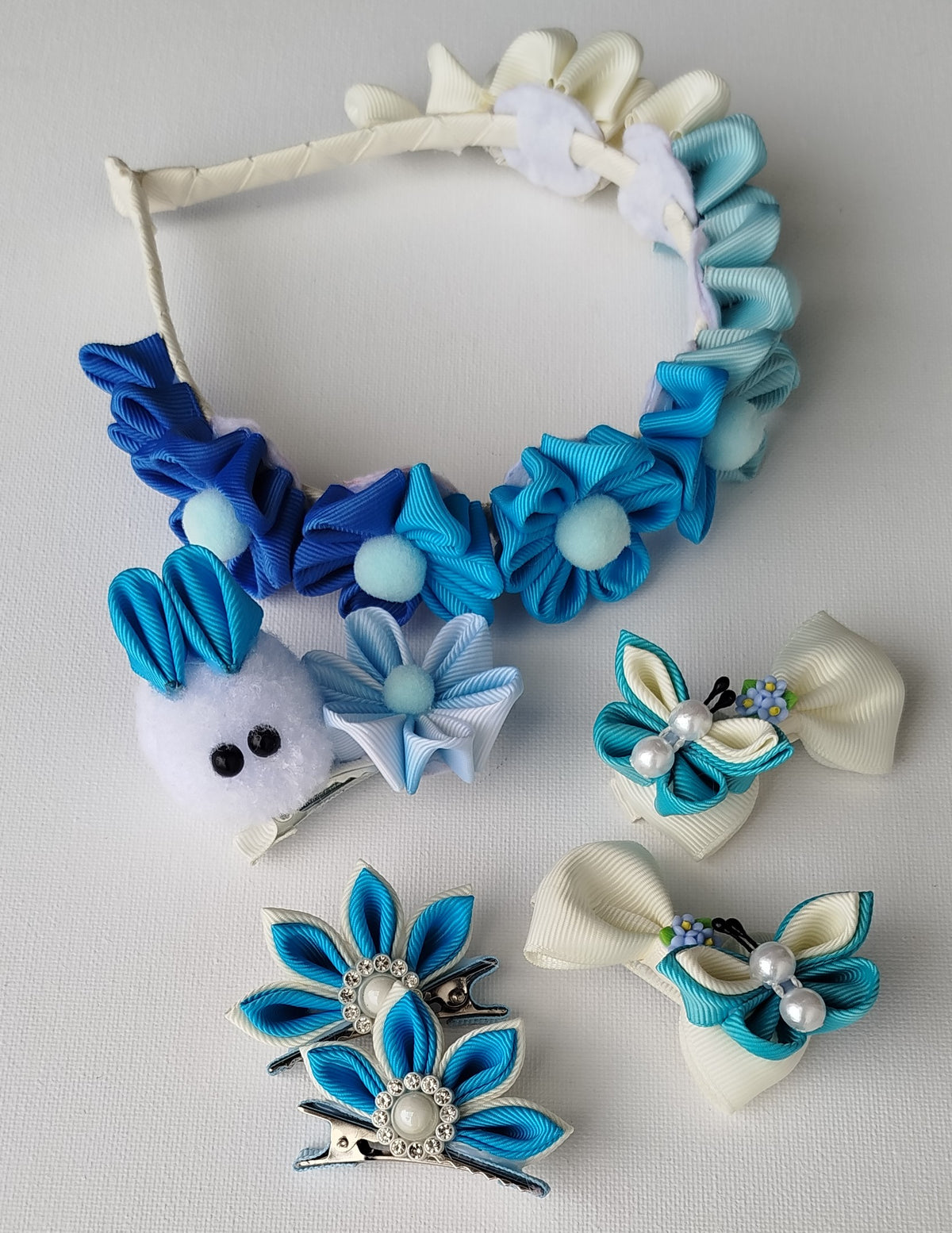 Luxury Blue & White Floral, Butterfly & Bunny Hair Clip Set with Floral Headband – 6-Piece Handmade Set