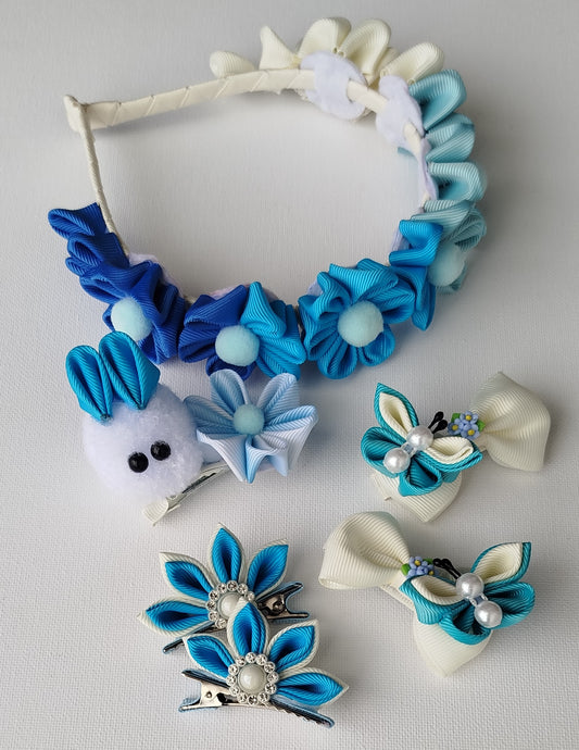 Luxury Blue & White Floral, Butterfly & Bunny Hair Clip Set with Floral Headband – 6-Piece Handmade Set