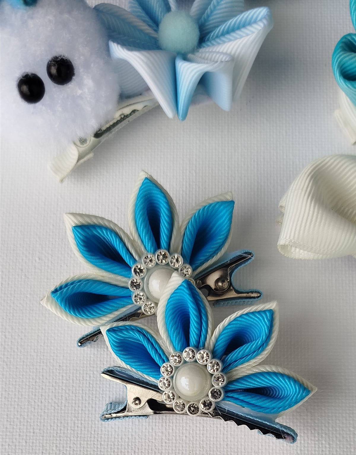 Luxury Blue & White Floral, Butterfly & Bunny Hair Clip Set with Floral Headband – 6-Piece Handmade Set