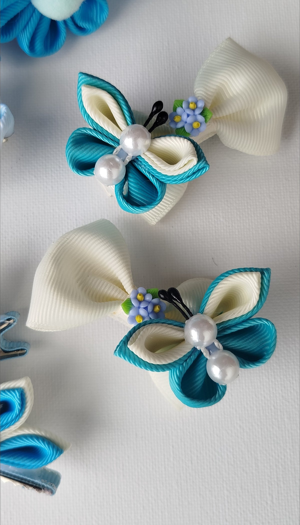Luxury Blue & White Floral, Butterfly & Bunny Hair Clip Set with Floral Headband – 6-Piece Handmade Set