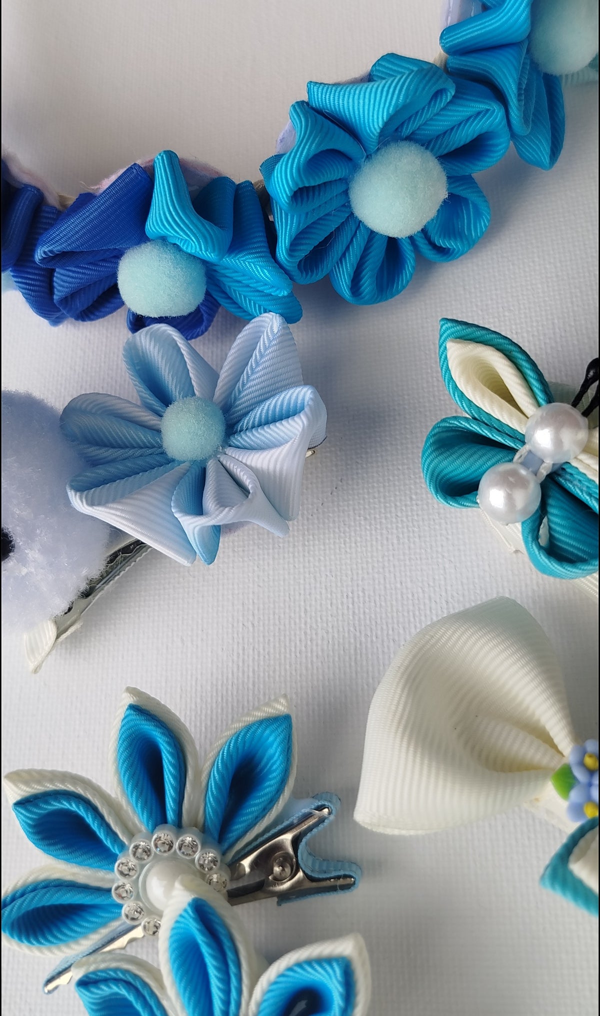Luxury Blue & White Floral, Butterfly & Bunny Hair Clip Set with Floral Headband – 6-Piece Handmade Set