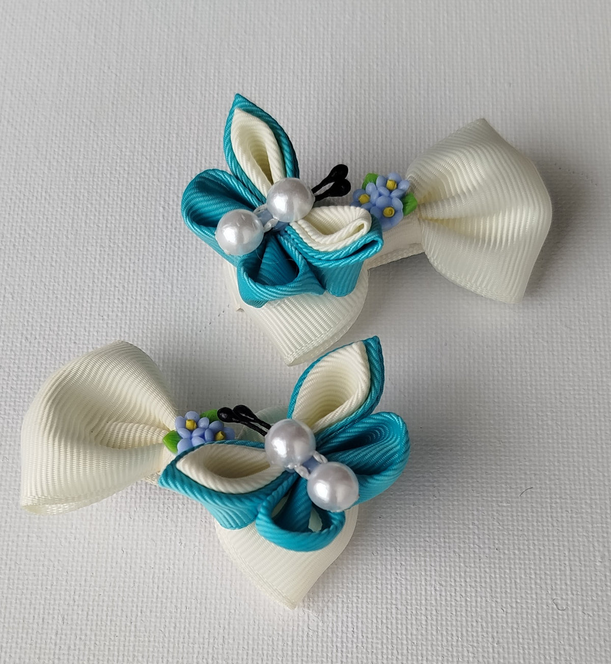 Luxury Blue & White Floral, Butterfly & Bunny Hair Clip Set with Floral Headband – 6-Piece Handmade Set