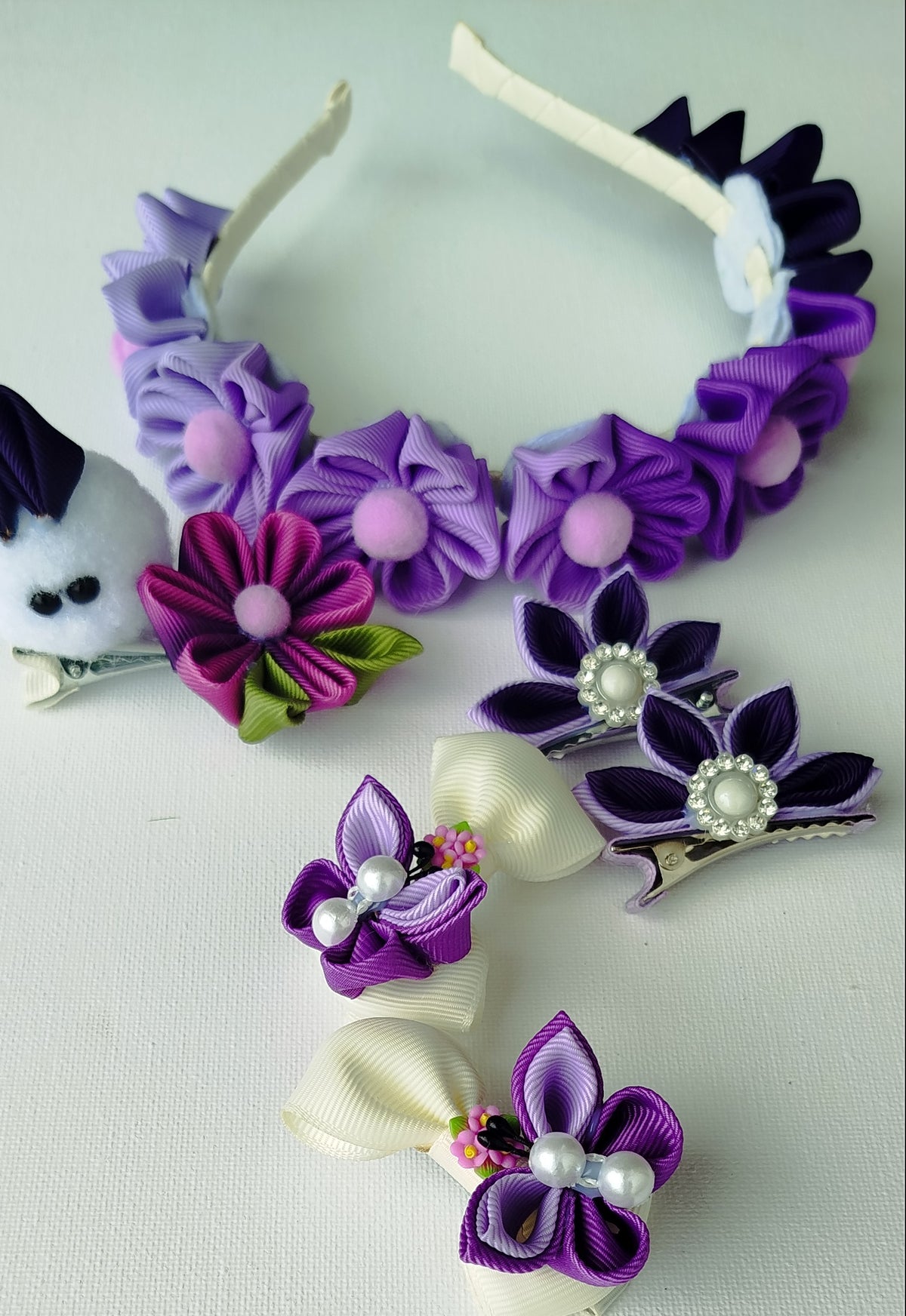 Luxury Purple & White Floral, Butterfly & Bunny Hair Clip Set with Floral Headband – 6-Piece Handmade Set