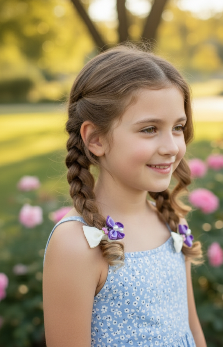 Luxury Purple & White Floral, Butterfly & Bunny Hair Clip Set with Floral Headband – 6-Piece Handmade Set
