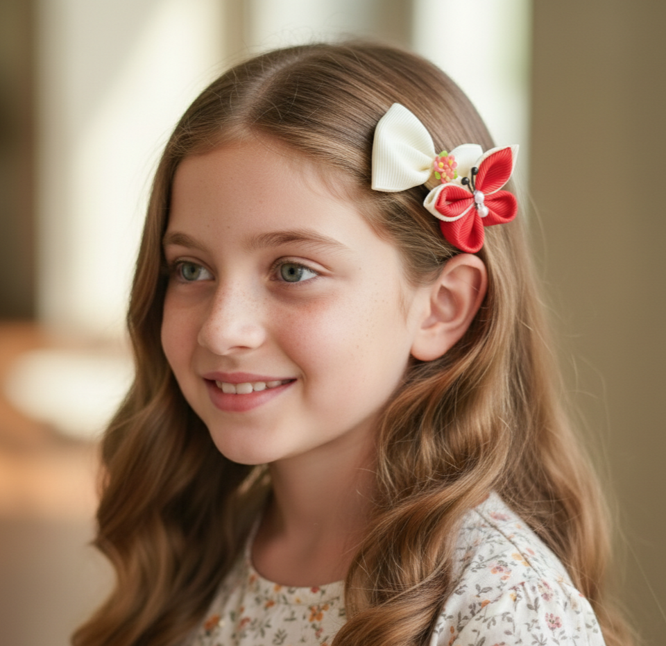 Luxury Red & White Floral, Butterfly & Bunny Hair Clip Set with Floral Headband – 6-Piece Handmade Set