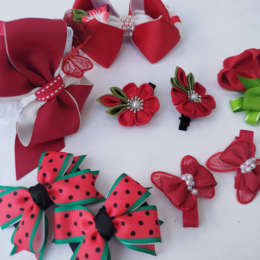 Handmade Red Hair Accessories Set – 9-Piece Floral, Bow & Butterfly Collection