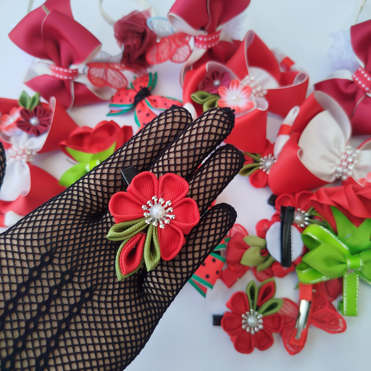 Handmade Red Hair Accessories Set – 9-Piece Floral, Bow & Butterfly Collection