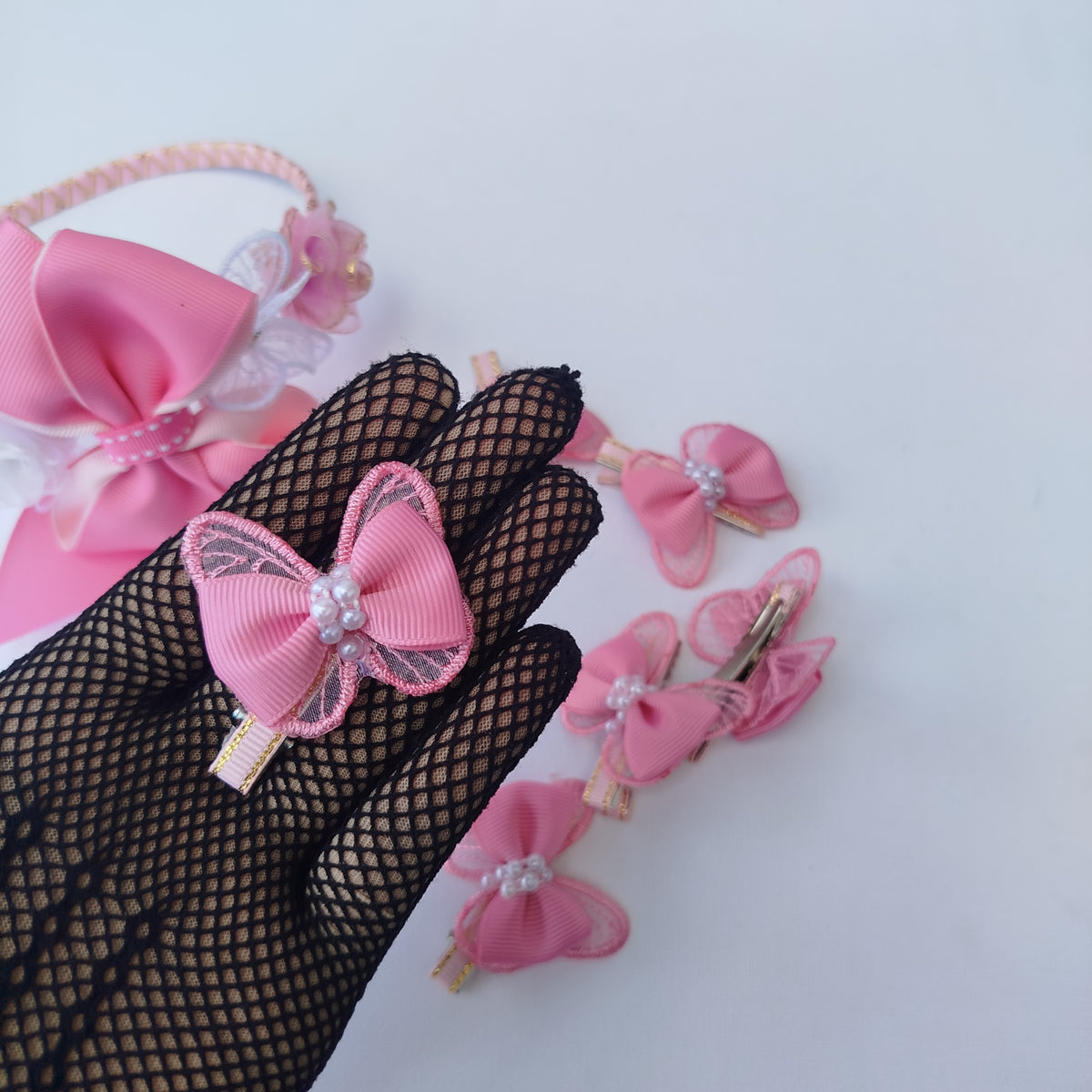 9-Piece Girls Hair Accessories Set  Pink – Handmade Grosgrain Ribbon Hair Clips & Floral Headband for Kids & Teens