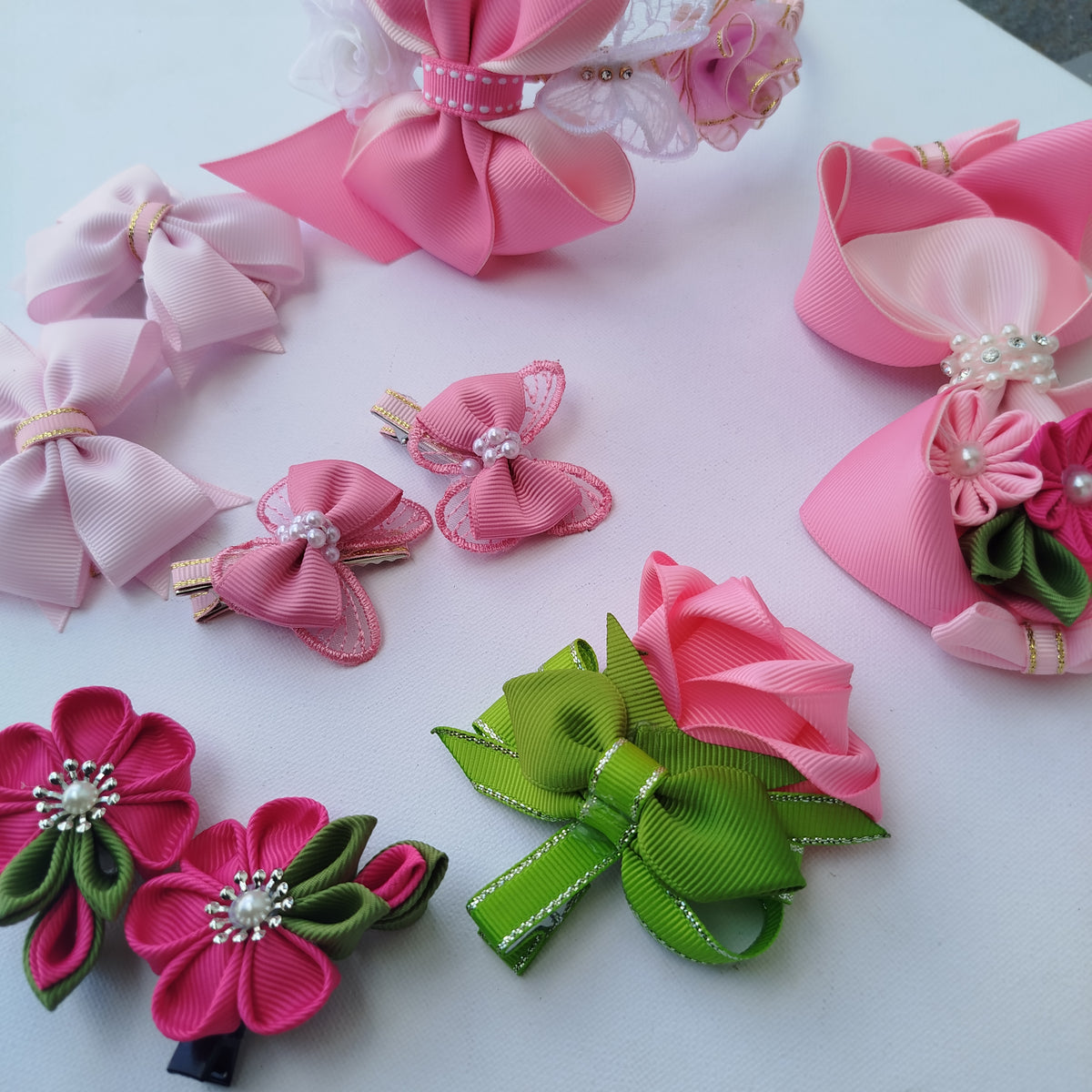 9-Piece Girls Hair Accessories Set  Pink – Handmade Grosgrain Ribbon Hair Clips & Floral Headband for Kids & Teens