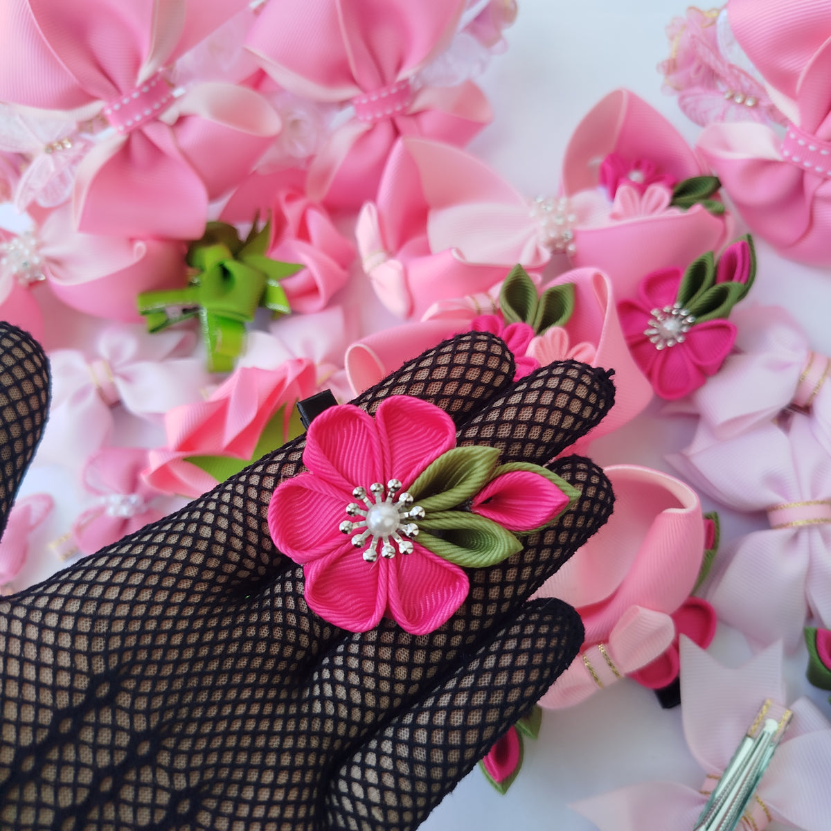 9-Piece Girls Hair Accessories Set  Pink – Handmade Grosgrain Ribbon Hair Clips & Floral Headband for Kids & Teens
