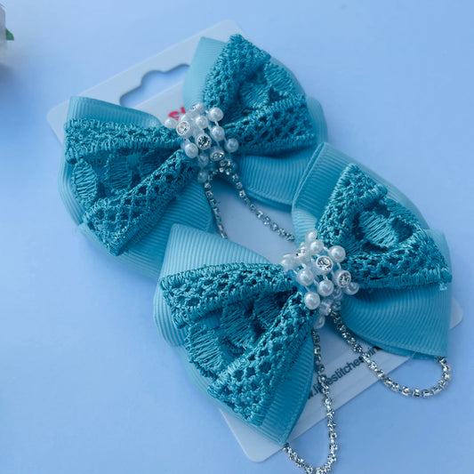 Handmade pastel blue grosgrain ribbon hair clip for kids with snap closure